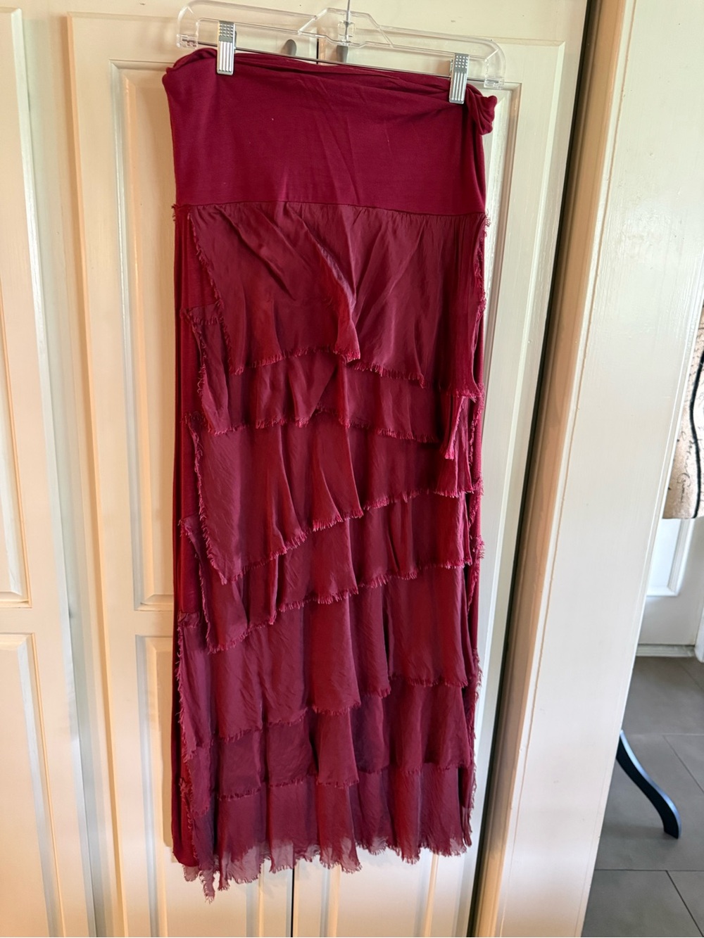 Layered Ruffle Maxi Skirt in Burgundy